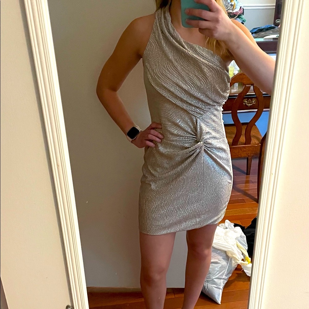 Champagne colored one shoulder dress